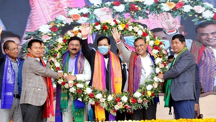 Assam Chief Minister Sarbananda Sonowal and North East Democratic Alliance convenor and Assam minister Himanta Biswa Sarma during the swearing-in ceremony of the new Bodoland Territorial Council in Kokrajhar on 15 December 2020. | Photo: ANI