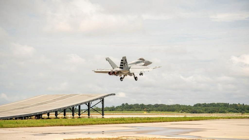 Boeing's F/A-18 Super Hornet pulls off its first successful launch from a ski-jump at Naval Air Station Patuxent River, US | Photo credit: Boeing
