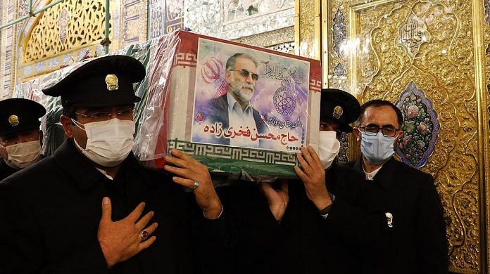 The casket of assassinated nuclear scientist Mohsen Fakhrizadeh being carried | @ImamRezaEN | Twitter