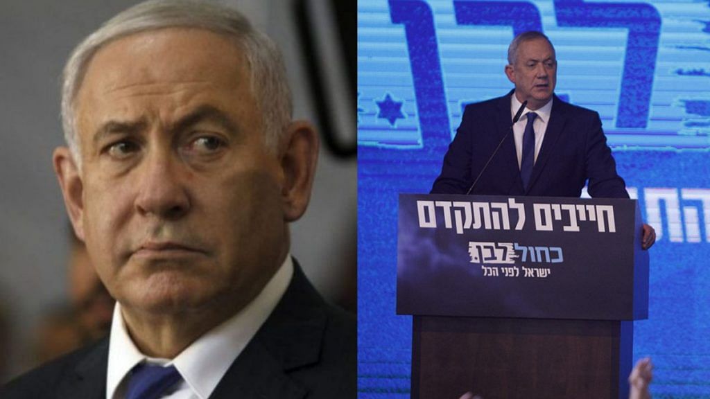 Israel PM Benjamin Netanyahu (L) and chief coalition leader Benny Gantz (R)