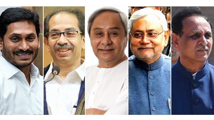 (L-R) Andhra CM Jagan Mohan Reddy, Maharashtra CM Uddhav Thackeray, Odisha CM Naveen Patnaik, Bihar CM Nitish Kumar and Gujarat CM Vijay Rupani
