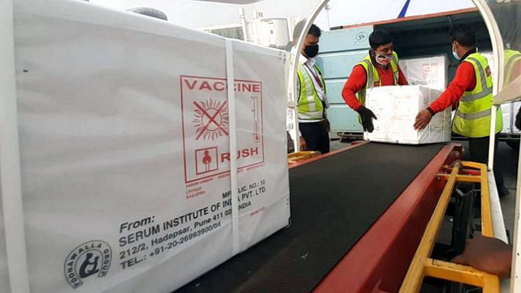 Representational image of a box of Covid-19 vaccines being unloaded from an airplane | Photo: ANI