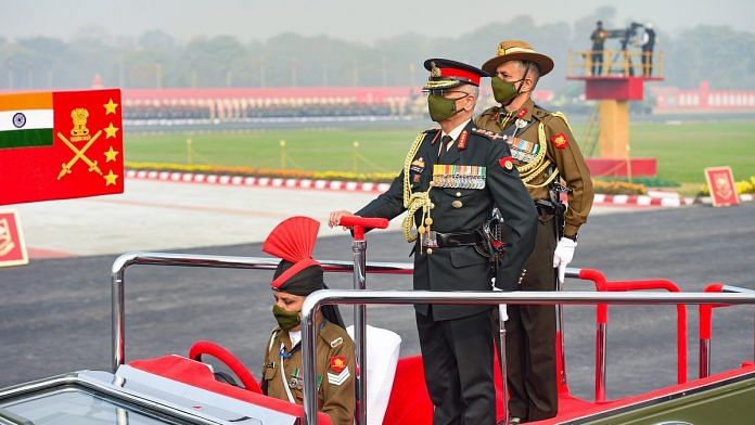 Army chief Gen. M.M. Naravane inspects the guard of honour at the 73rd Army Day event in New Delhi Friday | Photo: PTI