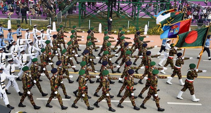 File photo | Bangladesh Armed Forces contingent at Rajpath during the full dress rehearsal for the Republic Day Parade, in New Delhi | PTI