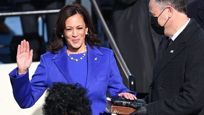 Kamala Harris takes oath as the US Vice President during the inauguration ceremony in Washington, DC, on 20 January 2021 | Bloomberg