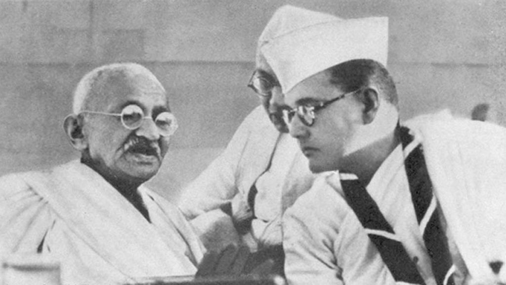 File photo | Gandhi at the Indian National Congress annual meeting in Haripura in 1938 with Congress President Subhas Chandra Bose | Wikimedia Commons