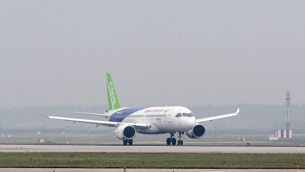 A Commercial Aircraft Corp. of China or Comac C919 aircraft the Pudong International Airport in Shanghai, China on 5 May 2017