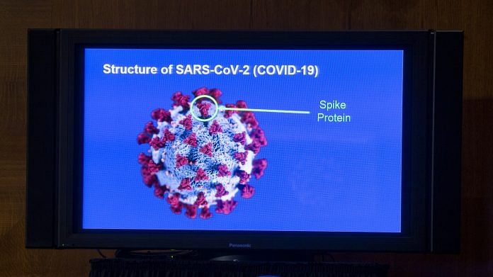 A monitor displays the structure of SARS-CoV-2