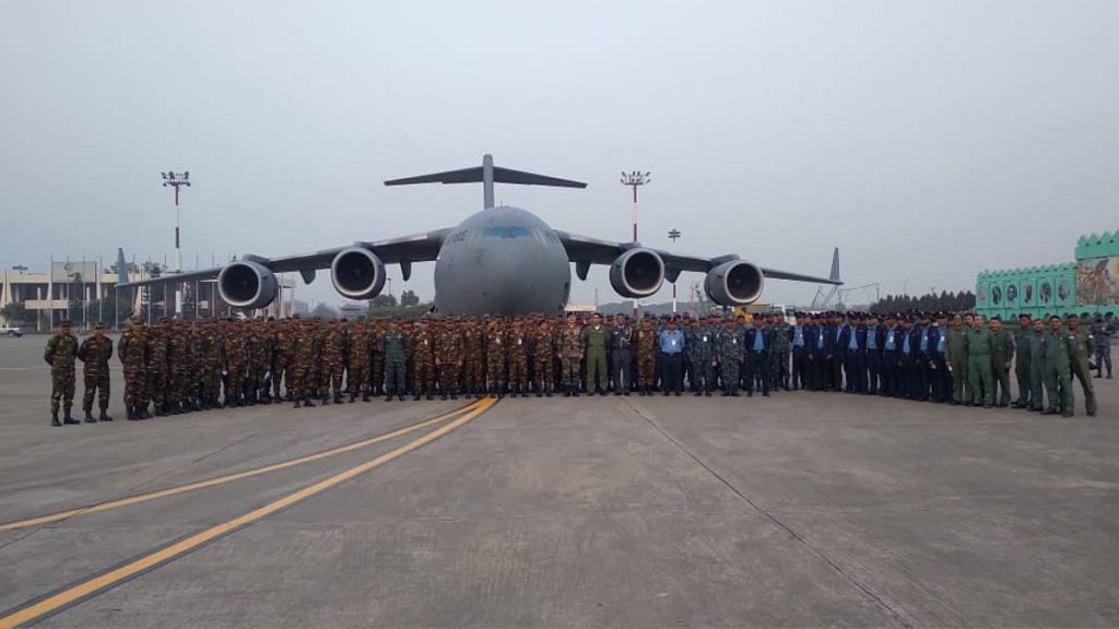 The Bangladesh armed forces contingent departs aboard an IAF C-17 Tuesday evening | Twitter | @adgpi