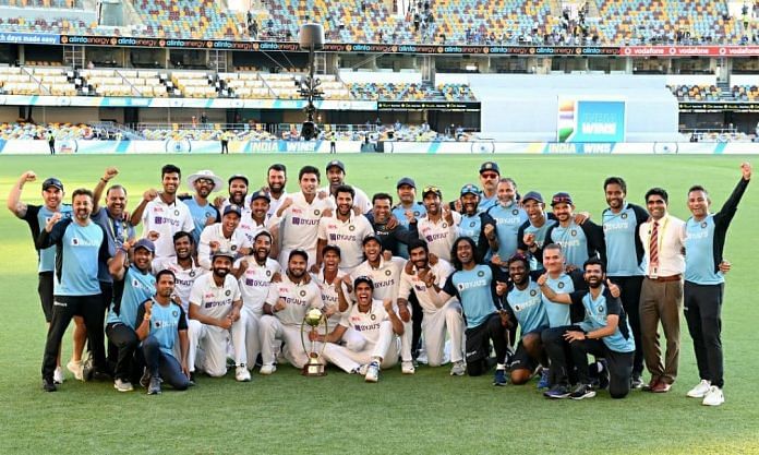 Team India celebrates after beating Australia in the Border-Gavaskar Trophy Test match in Brisbane on 19 January, 2021 | Twitter@imVkohli