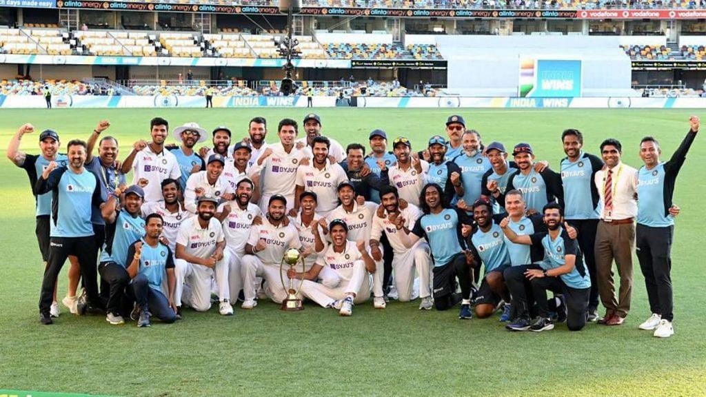 The Indian Test cricket team lifts the 2021 Border-Gavaskar Trophy at the Gabba in Brisbane Tuesday | Twitter | @ajinkyarahane88