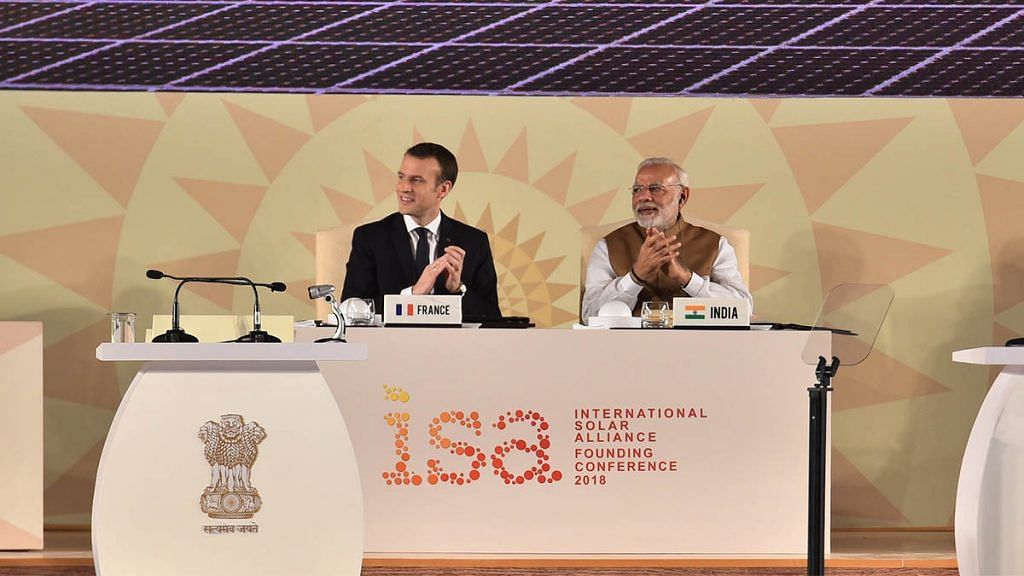 Prime Minister Narendra Modi and French President Emmanuel Macron during the founding conference of the International Solar Alliance on 11 March 2018 | www.mea.gov.in