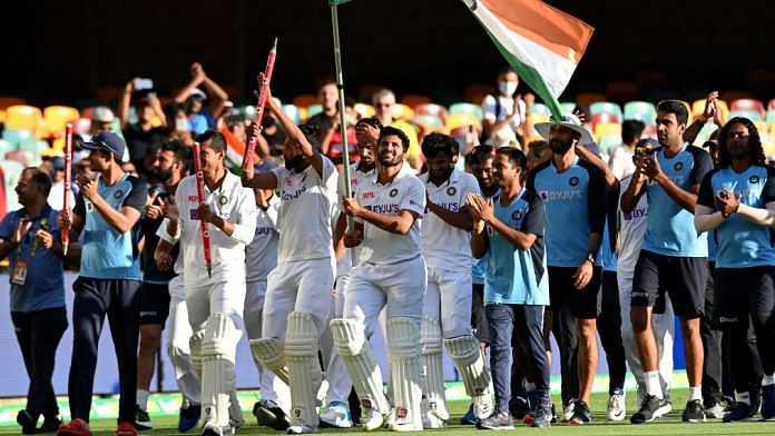 Team India celebrates after beating Australia in the Border-Gavaskar Trophy Test match in Brisbane, on 19 January, 2021 | @BCCI | Twitter