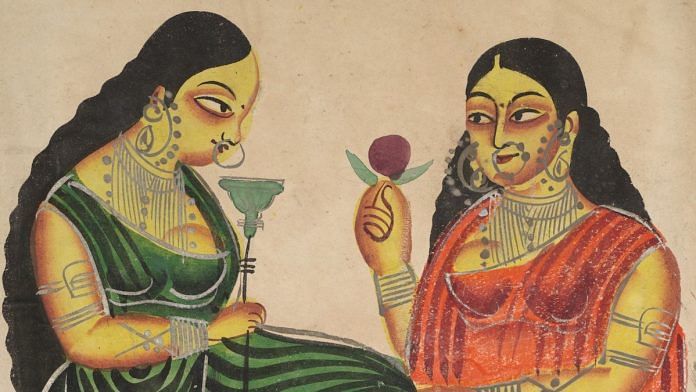 A Kalighat Pat painting showing a worker bringing a hookah to a woman, c. 1800 | Wikimedia Commons