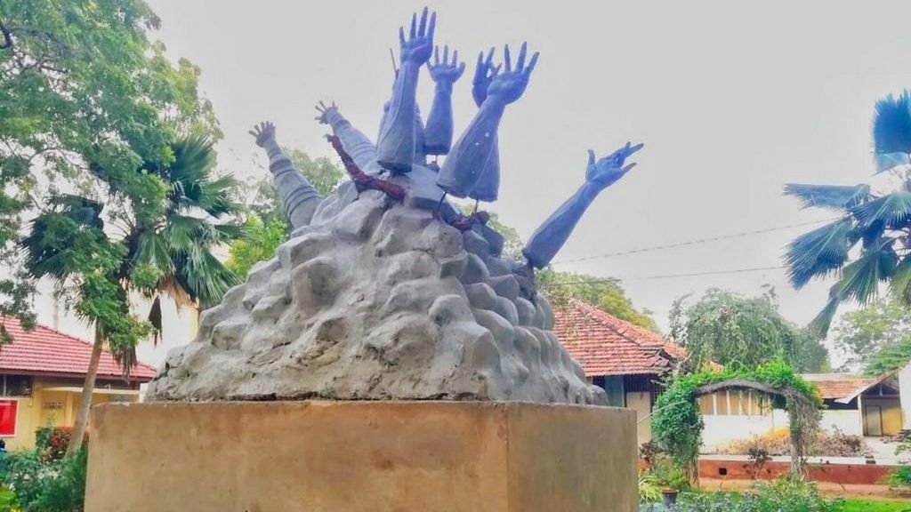 The structure that was erected in memory of civilians killed in the Mullivaikkal incident that happened in the last phase of the Sri Lankan civil war | Twitter | @mkstalin