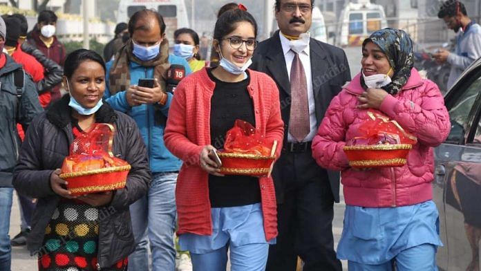 Nurses after getting vaccinated at Rajiv Gandhi Super Speciality Hospital in New Delhi on 16 January 2021 | Suraj Singh Bisht | ThePrint