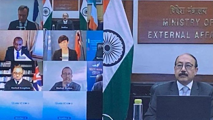 Indian Foreign Secretary Harsh Vardhan Shringla at the first meeting of the Head of State/Government in 2021 on 6 January 2021 | Twitter/@MEAIndia
