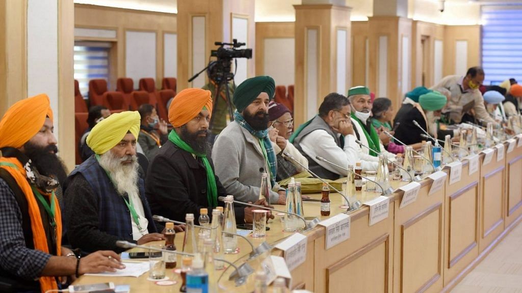 Bharatiya Kisan Union Spokesperson Rakesh Tikait and farmer representatives during the 8th round of talks with the government over the new farm laws, at Vigyan Bhawan in New Delhi, on 8 January 2021 | PTI