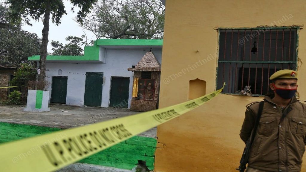 Police tape placed around a Budaun temple after a 50-year-old woman was allegedly gang-raped on the premises Sunday | Suraj Singh Bisht | ThePrint