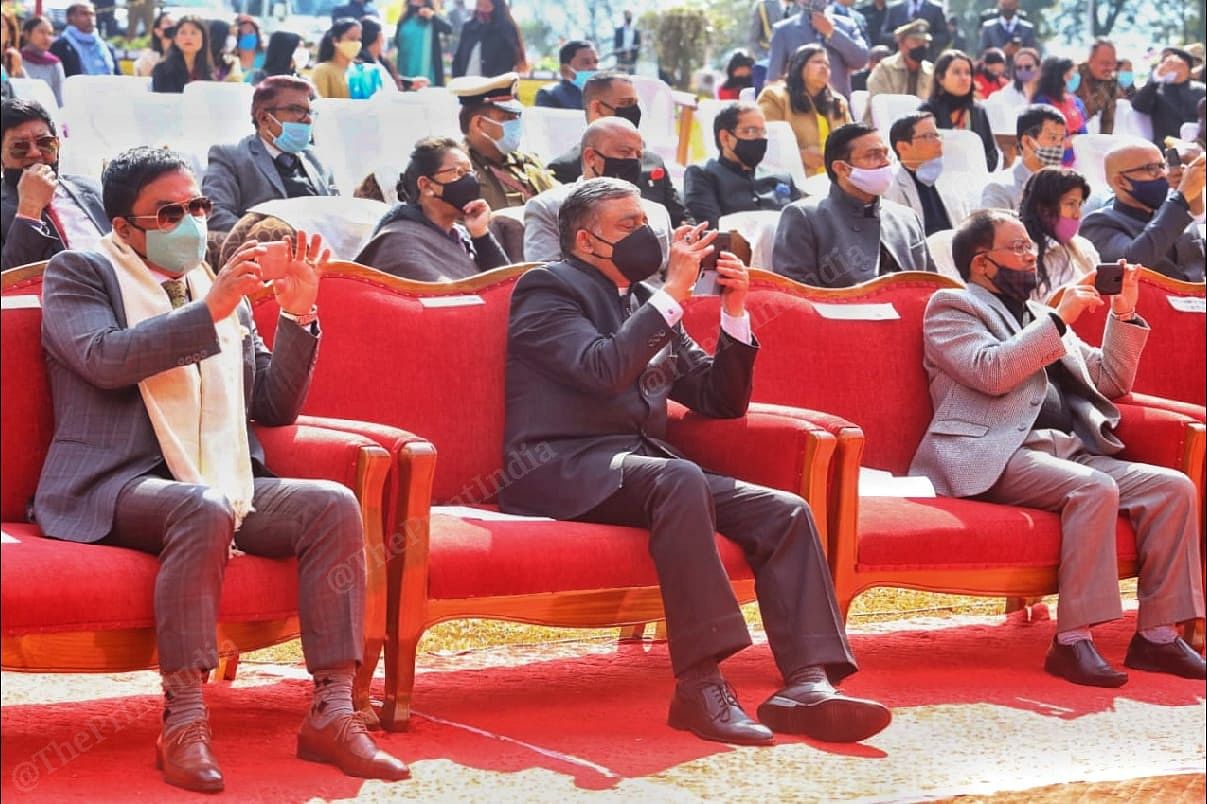 Left to Right Advocate General Meghalaya Amit Kumar, Chief Secretary M.S.Rao and Justice Wanlura Diengdoh High court watching cultural program At Home ceromany at Raj bhavan In Shillong | Photo: Praveen Jain | ThePrint