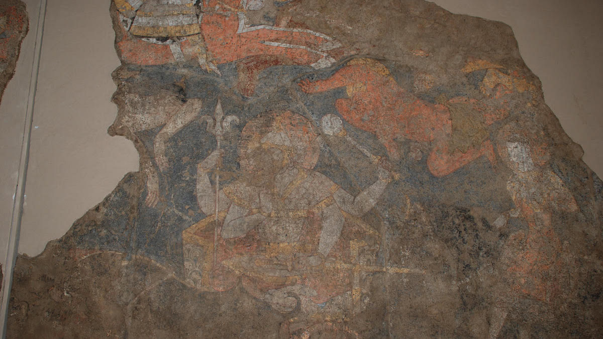 A painting from Dilberjin tepe dated 1st-3rd century CE, Afghanistan shows figures with beautiful faces resembling Hindu god and goddess,. [courtesy National Museum of Afghanistan, Kabul]