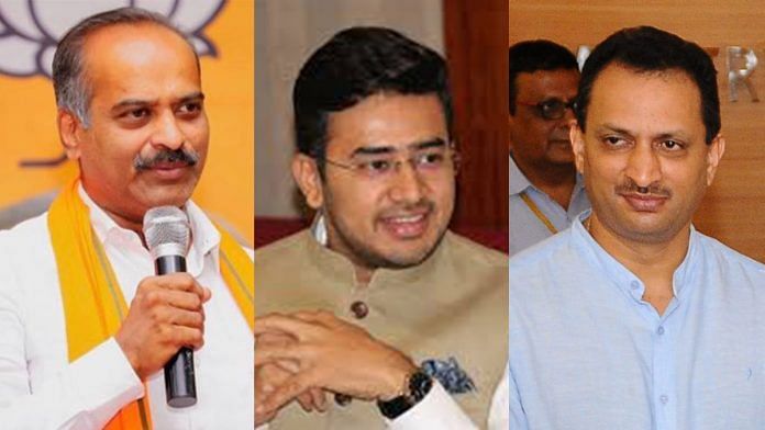 (L-R) BJP MPs P.C. Mohan, Tejasvi Surya and Anantkumar Hegde