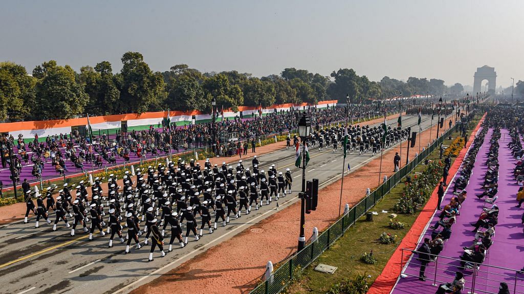 Members of the Indian Navy contingent during the 72nd Republic Day celebrations, on 26 January 2021 