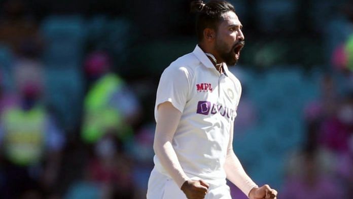 Mohammed Siraj celebrates a dismissal on the third day of the Third Test between India and Australia at Sydney Cricket Ground, in Sydney on 9 January 2021. Photo: BCCI Twitter/ANI Photo