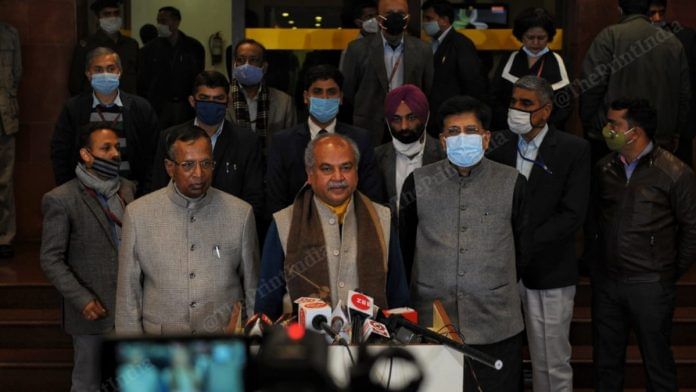 Union ministers Som Prakash (L), Narendra Singh Tomar (M) and Piyush Goyal (R) addressing the media after the meeting with farmers at Vigyan Bhawan in New Delhi Monday, on 4 January 2021 | Suraj Singh Bisht | ThePrint