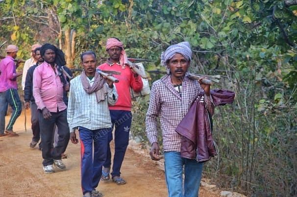 Workers from the forest department, some of whom have left work scavenging for mica, return home after a day of work | Photo: Praveen Jain | ThePrint