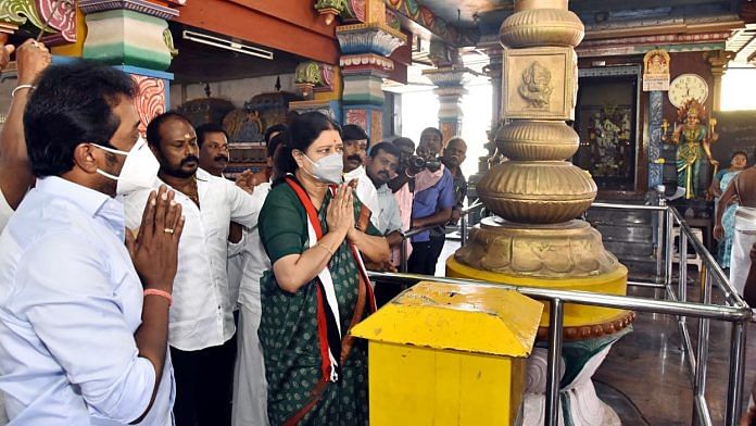 VK Sasikala during a visit to a temple in Hosur, on 8 February 2021 | ANI Photo
