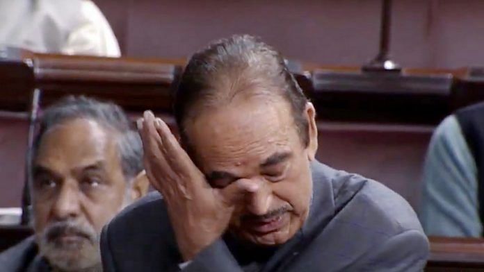 Congress leader Ghulam Nabi Azad wipes away tears during his farewell speech to the Rajya Sabha Tuesday | Photo: ANI/RSTV
