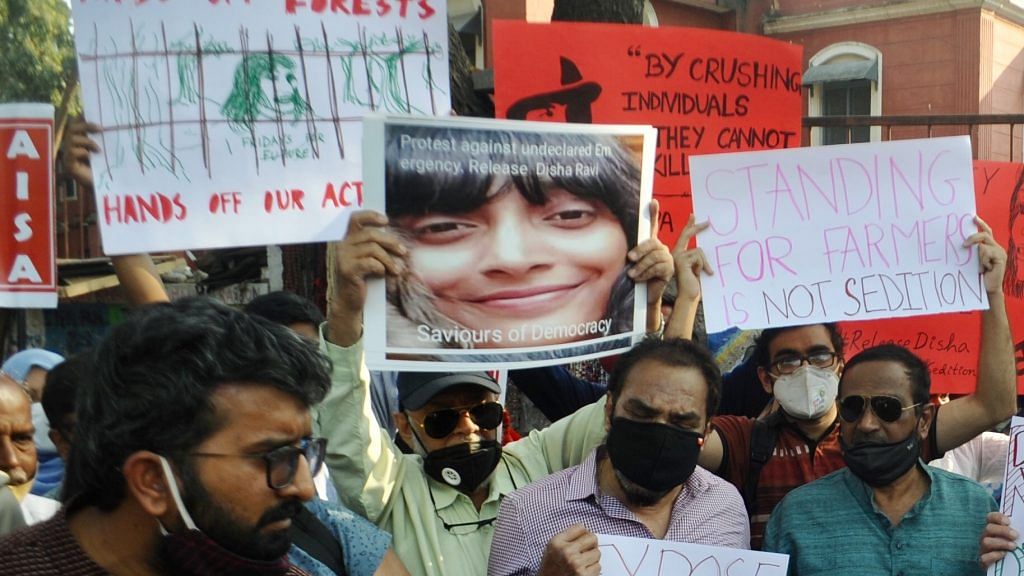 Protest against the arrest of climate activist Disha Ravi in Bengaluru, on 15 February 2021 | ANI Photo