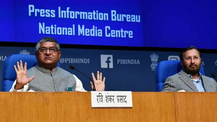 IT Minister Ravi Shankar Prasad and I&B Minister Prakash Javadekar release the new rules for digital media, OTT & social media platforms at a press conference in New Delhi on 25 February 2021 | ANI