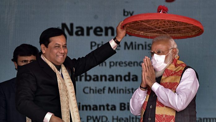 Prime Minister Narendra Modi during an event to lay foundation stone of two medical colleges and launch the scheme for the upgrading the state highways, at Dhekiajuli in Sonitpur district | PTI