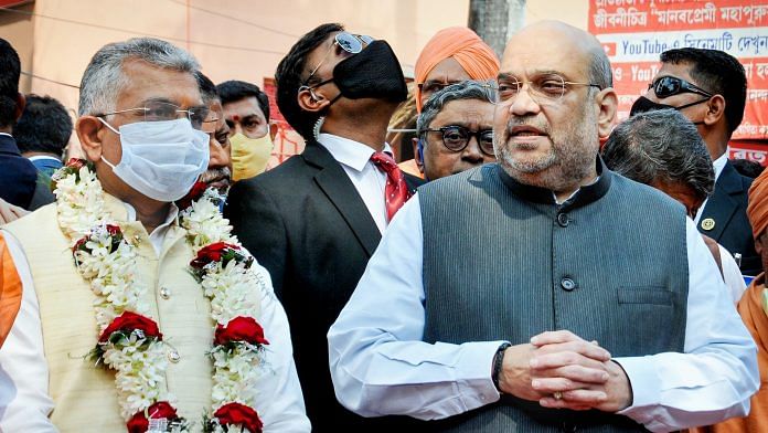 Union Home Minister Amit Shah with West Bengal BJP State President Dilip Ghosh during his two-day visit to West Bengal | PTI