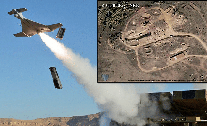 An Armenian S-300 SAM battery near Stepanakert (inset) showing damage from a mass drone strike by Azerbaijan’s Israeli made Harop loitering munition UAVs | sameerjoshi73.medium.com