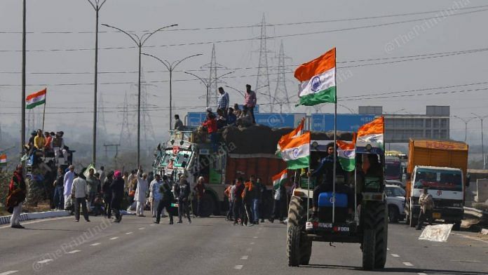 Farmers block the Kundli Manesar Palwal Expressway near Singhu border during the 'chakka jam' protest against the farm reforms, on 7 February 2021 | Suraj Singh Bisht | ThePrint
