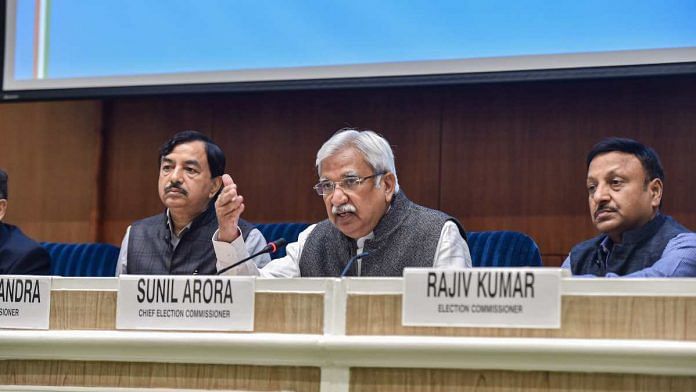 Chief Election Commissioner Sunil Arora releases election dates for five states/UTs at a press conference in New Delhi on February 26 2021 | Manvender Vashist | PTI