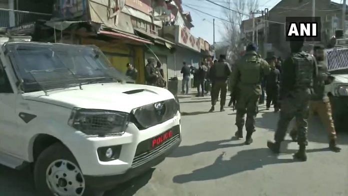 Security forces in Baghat Barzulla of Srinagar district after a militant attack on 19 February 2021 | Twitter/ANI