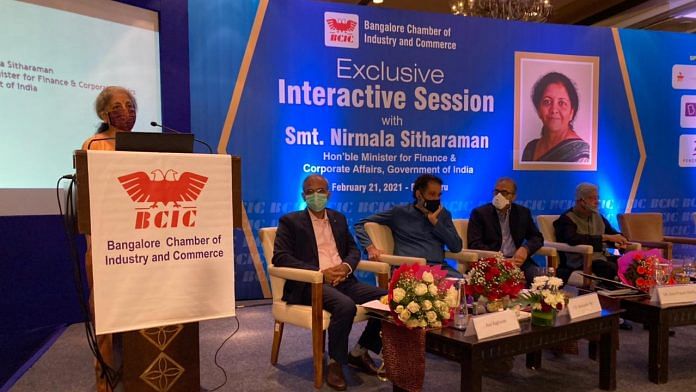 Finance Minister Nirmala Sitaraman speaking at a session organised by Bangalore Chamber of Industry and Commerce on 21 February 2021 | Twitter