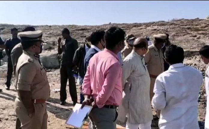 Karnataka Home Minister Basavaraj Bommai visits the blast site at Hirenagavalli in Chikkaballapur, Karnataka on 23 February