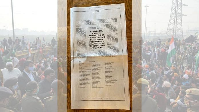 Image of NYT ad posted to Twitter by Vinod Jose; farmers protesting at Ghazipur | Suraj Singh Bisht | ThePrint