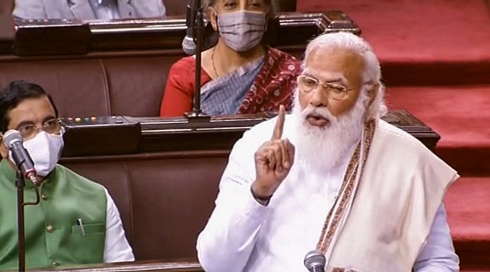 File photo | PM Narendra Modi speaks in Rajya Sabha during Budget Session of Parliament | PTI