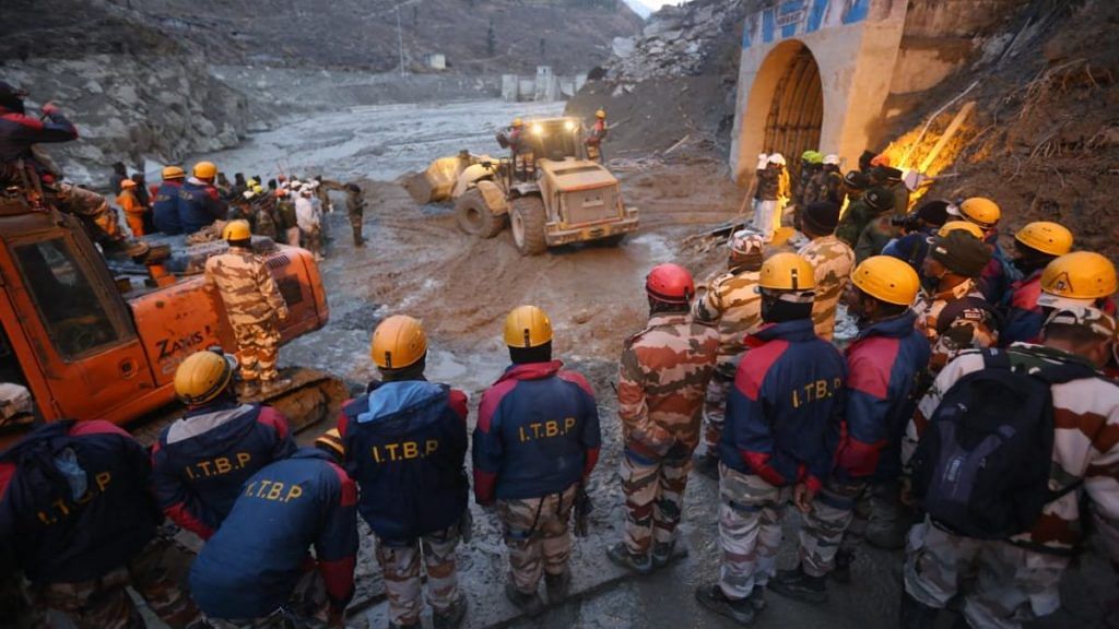 Rescue operations under way at a tunnel where 34 people remained trapped Monday, a day after flash floods struck Uttarakhand | Suraj Singh Bisht | ThePrint