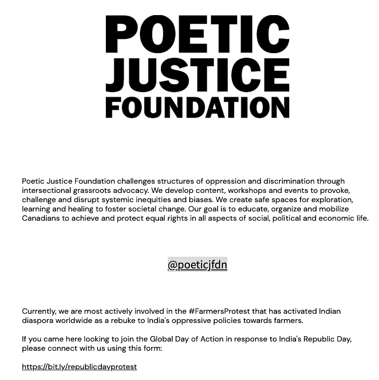 A screenshot of the Poetic Justice Foundation website