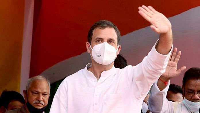 Congress leader Rahul Gandhi waves during a public rally, in Shivshagar on Sunday (File photo) | ANI