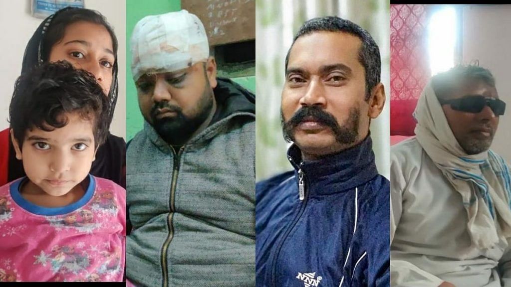 (From left) Images of five-year-old Alisha Khan, whose father was a riot victim, Monu Kumar, who also lost his father in the violence, Delhi Police head constable Ratan Lal, who was shot dead, and Mohammed Wakeel, who lost his vision | ThePrint photos
