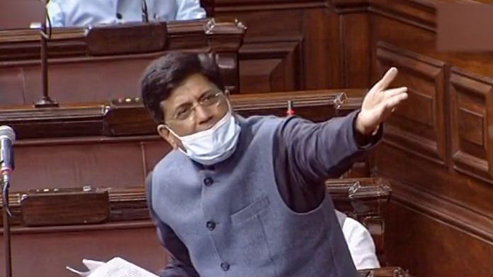 Railway Minister Piyush Goyal speaks during the Budget Session of Parliament on 10 February, 2021 | PTI