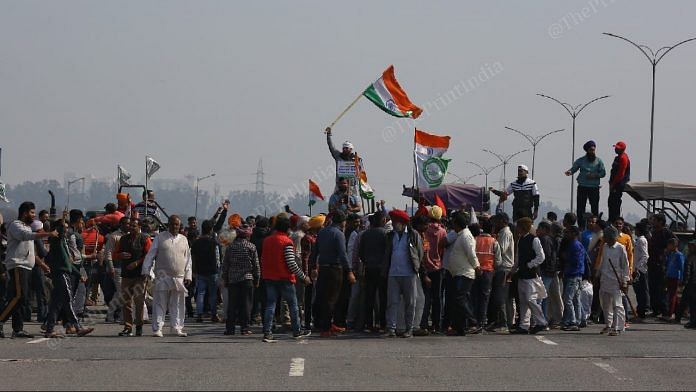 Farmers blocking Kundli-Manesar-Palwal Expressway near Singhu border as part of their country wide 'chakka jam' on 6 February 2021 | Suraj Singh Bisht | ThePrint